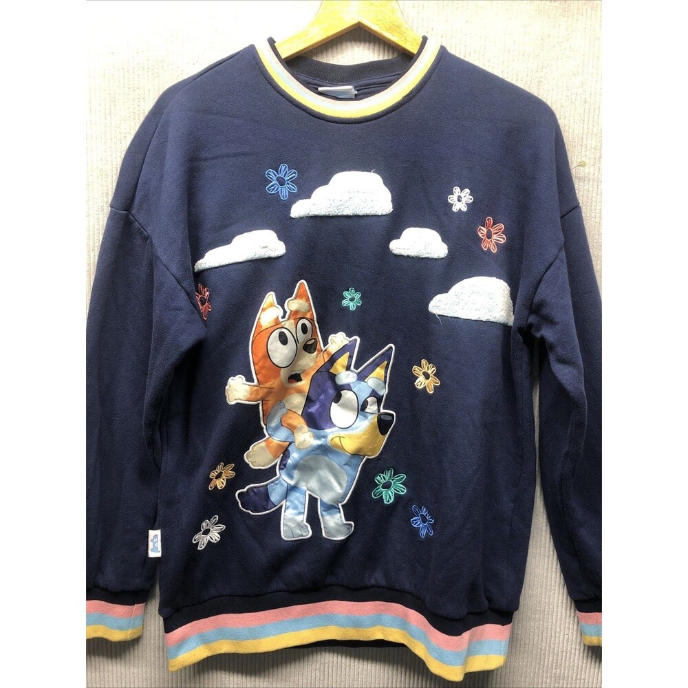 Bluey Box Lunch Sweatshirt Size Small Blue Embroidered Characters Clouds